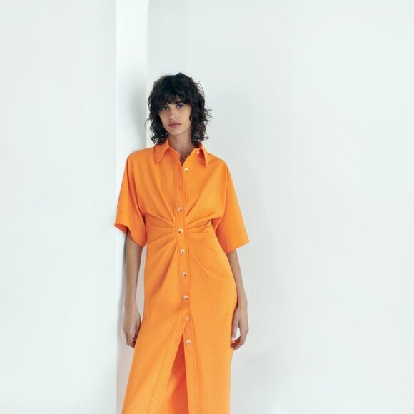 NWT Zara orange draped short sleeve collared midi shirt dress, XS - Picture 3 of 8